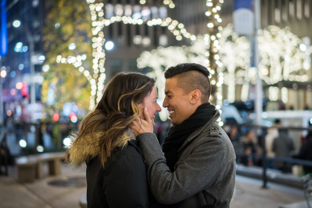 Engagement portrait in New York City at Christmas.