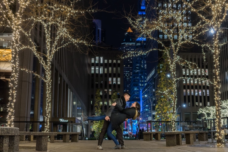 Engagement portrait in the city at Christmas.