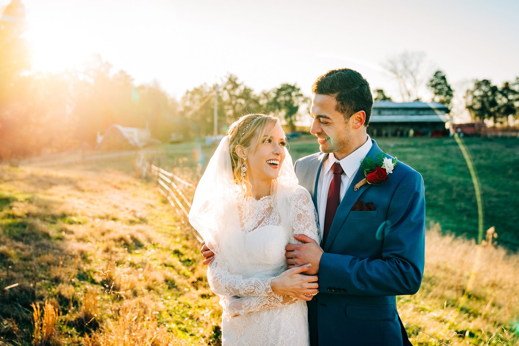 Bride and Groom at Sunset on Family Farm
